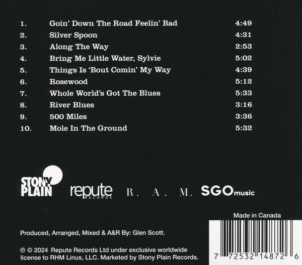 Egy zenei album hátulja számlistával és logóval.
