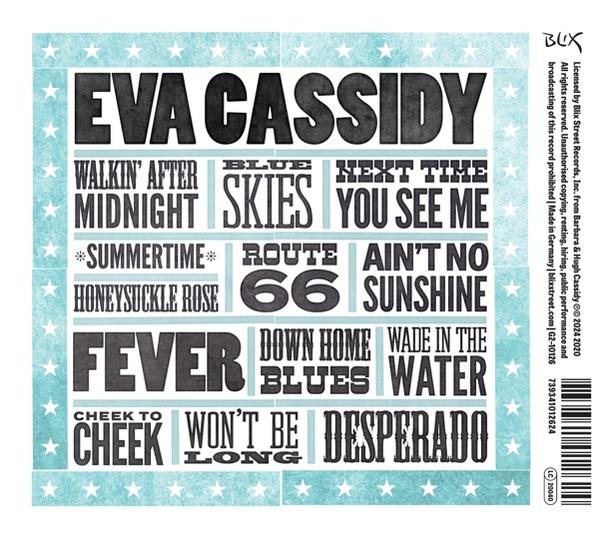Album borító szöveggel. A cím „EVA CASSIDY”. A dalcímek dobozokban vannak felsorolva.