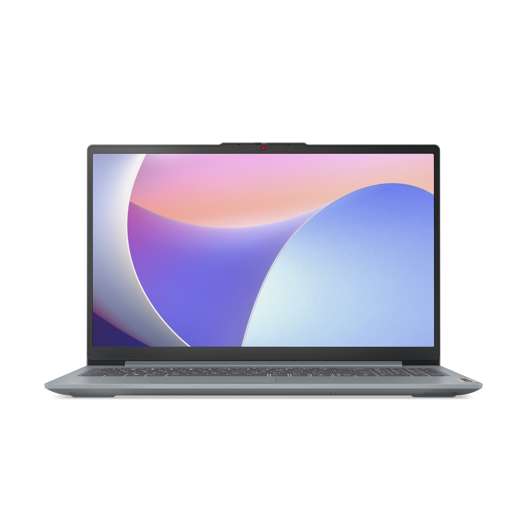 Açık gri gövdeli ve bir gradyan gösteren ekrana sahip bir dizüstü bilgisayar.