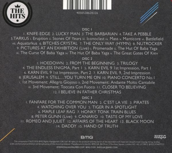 Album bor ító számlistával, fekete háttér, fehér szöveg. The Hits by Emerson, Lake & Palmer.