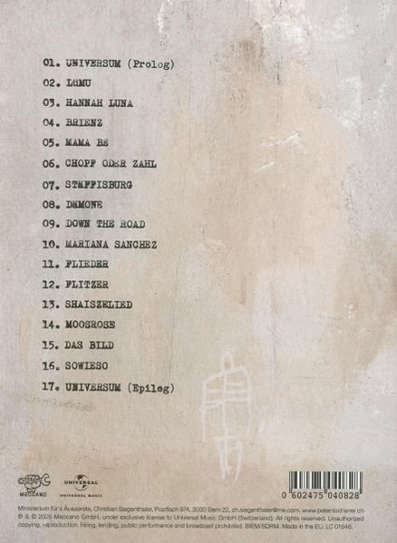 Album-Trackliste auf beigem Hintergrund mit verblasster Figurenkontur. Der Text ist schwarz.