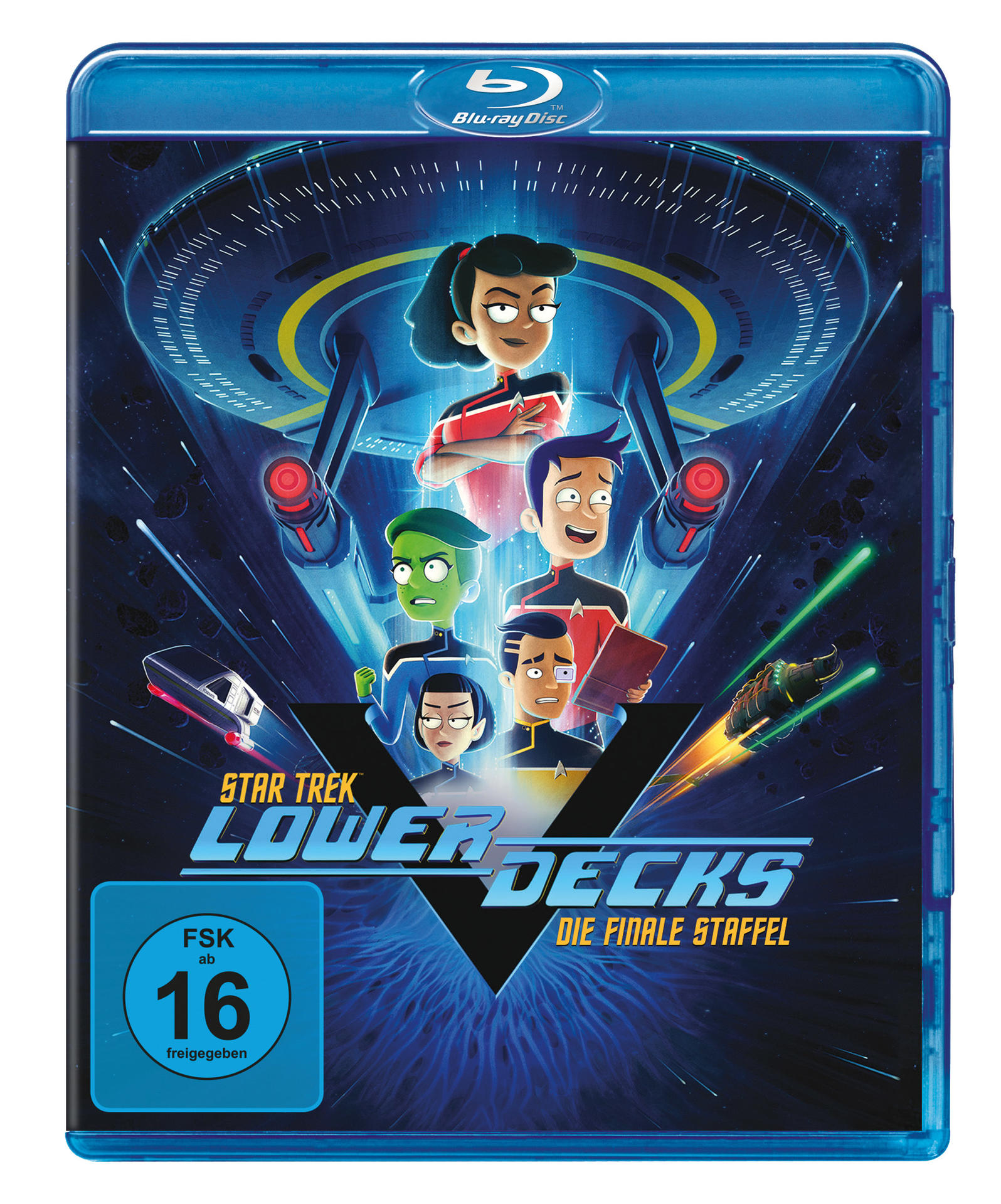 Blu-ray-Disc-Cover. Star Trek: Lower Decks, Charaktere und Raumschiff. FSK 16.
