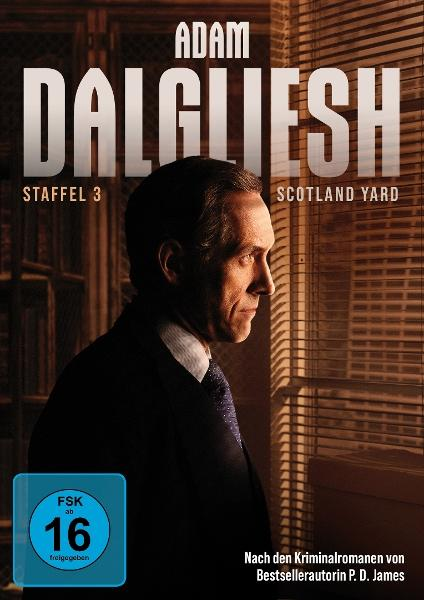 Buchcover für 'Adam Dalgliesh' zeigt einen Mann im Anzug, der aus einem Fenster blickt. Text enthält den Titel, 'Staffel 3' und 'Scotland Yard'.