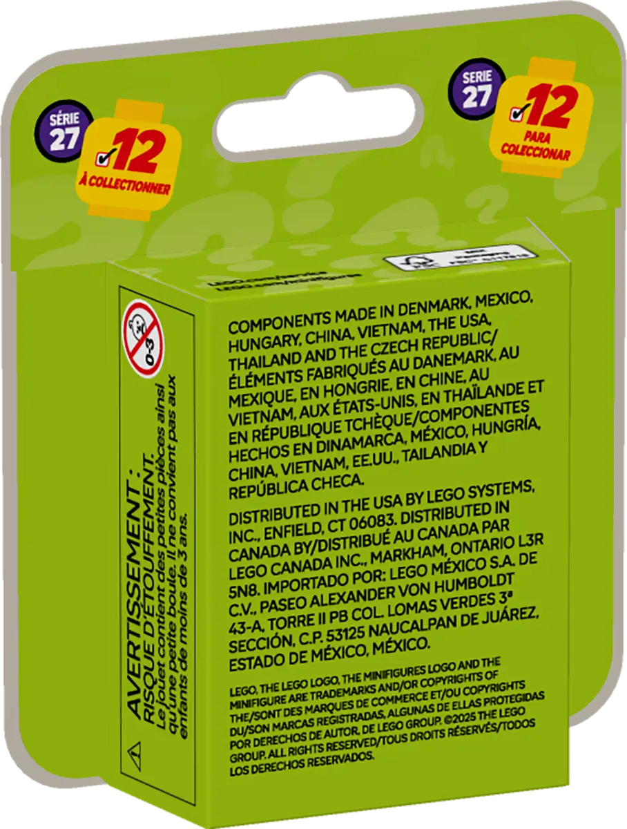 Zielone i białe pudełko Lego. Zawiera tekst o Lego, małe pudełko z zabawkami w środku.