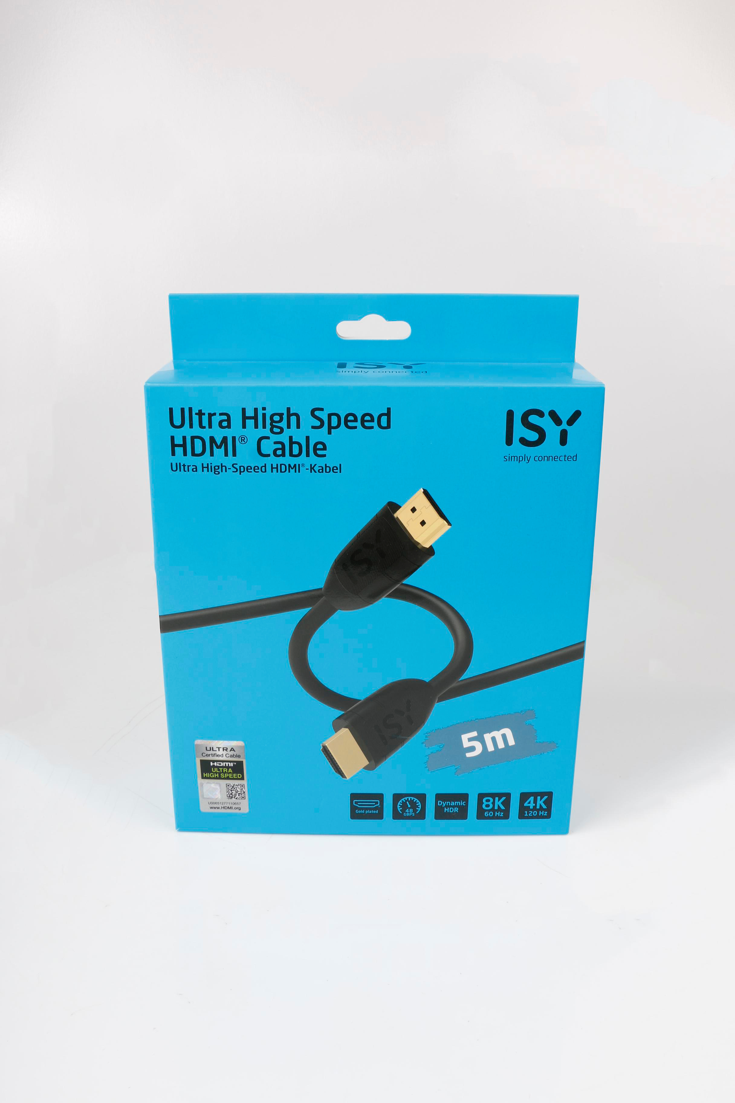 Blaue Box mit schwarzem HDMI-Kabel. 'Ultra High Speed HDMI Cable' steht darauf.