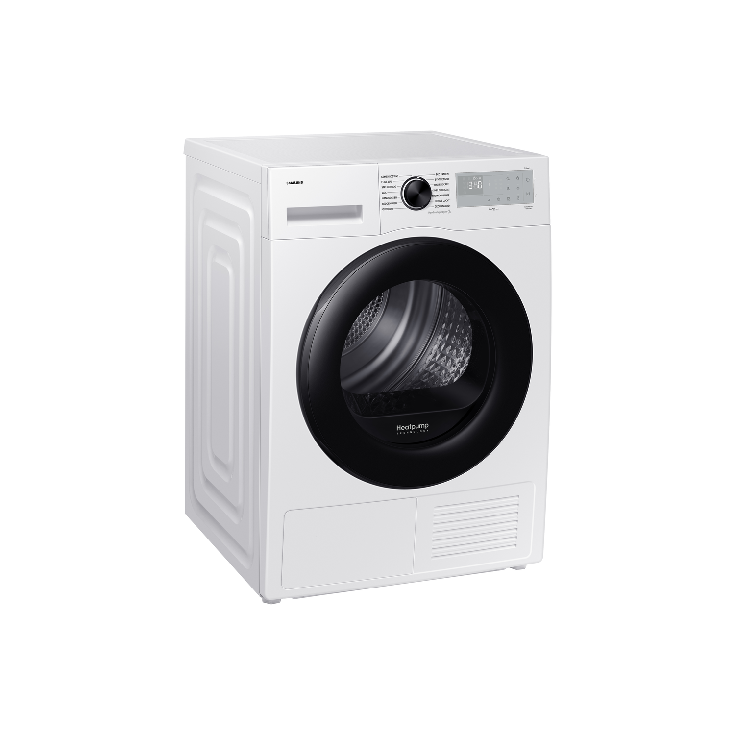 Witte, moderne wasmachine, vooraanzicht, met zwarte deur en digitaal display, strak design.