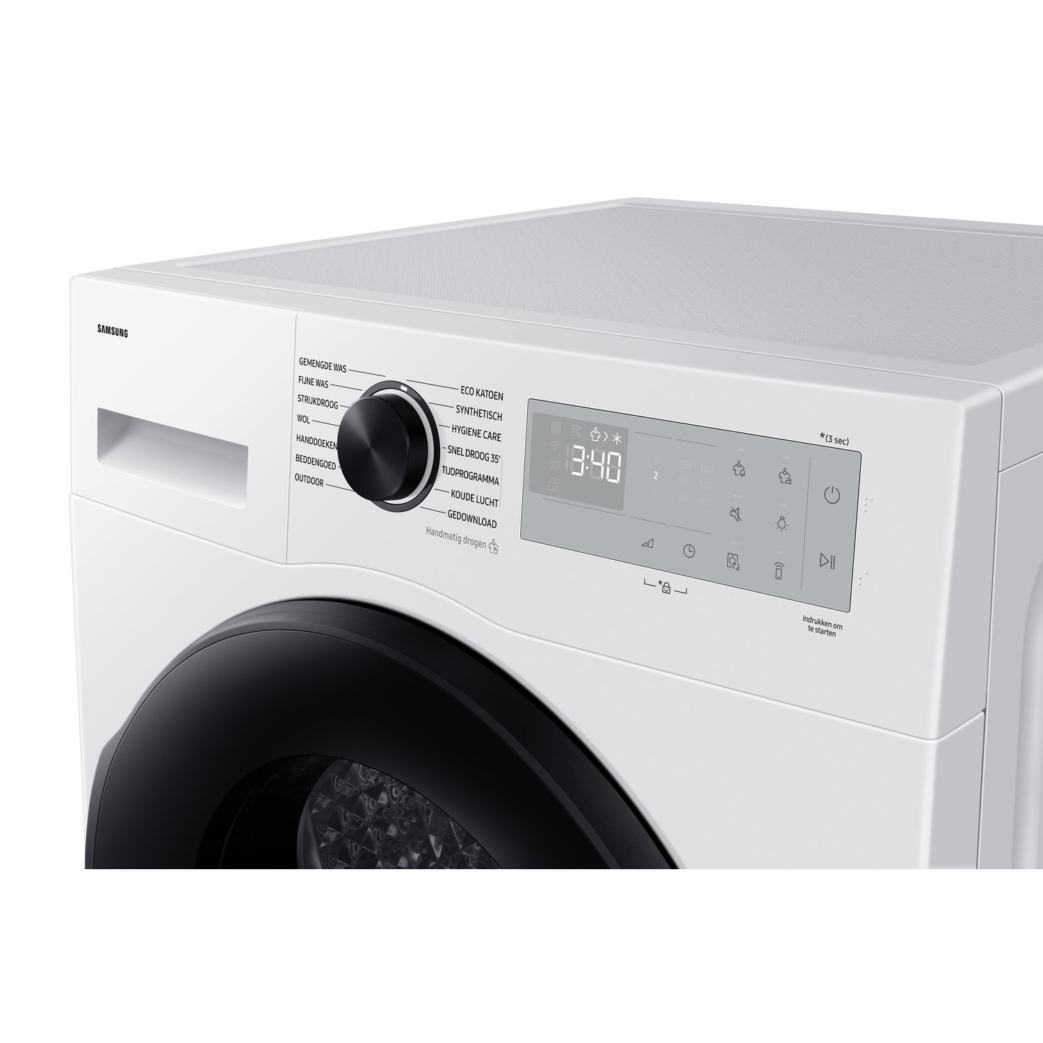 Witte wasmachine met een zwarte deur en bedieningspaneel. Het paneel toont tijd en instellingen.