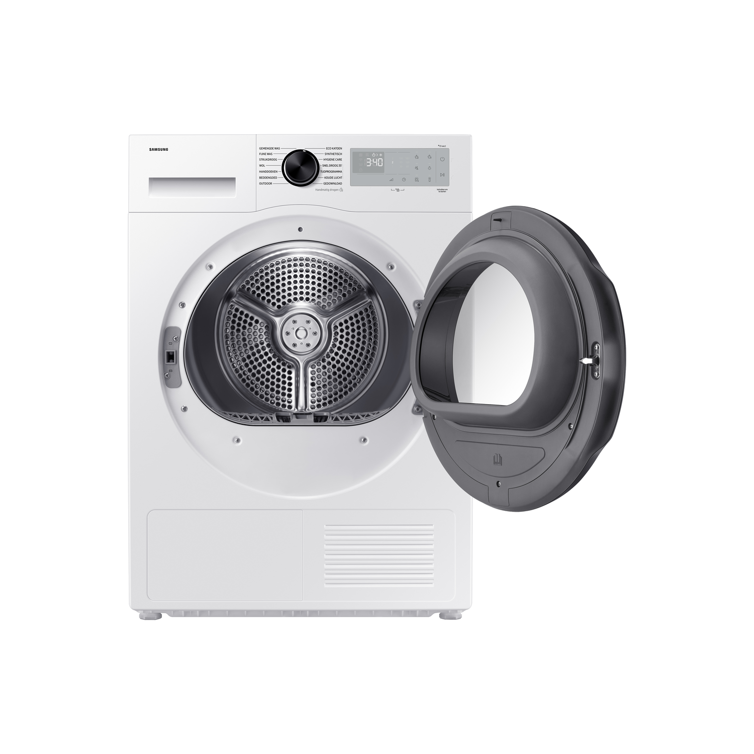 Witte wasmachine met de deur open. De binnenkant van de machine is zichtbaar.