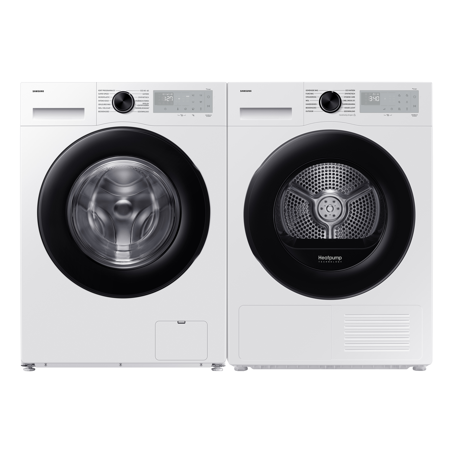 Twee witte wasmachines, één met een wastrommel en de andere met een droogtrommel. Beide hebben zwarte deuren.