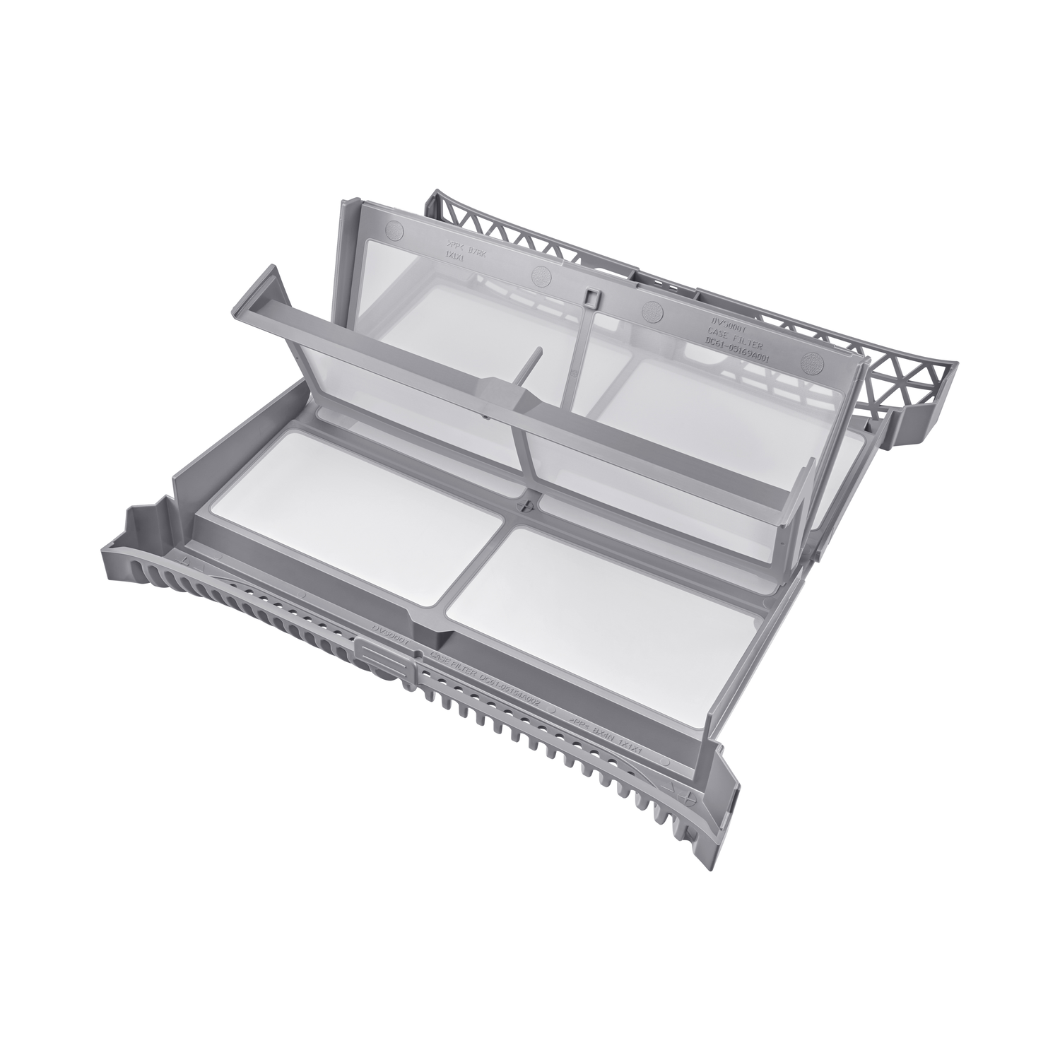 Een grijze drogerfilter met twee open secties en een frame, gezien op een witte achtergrond.