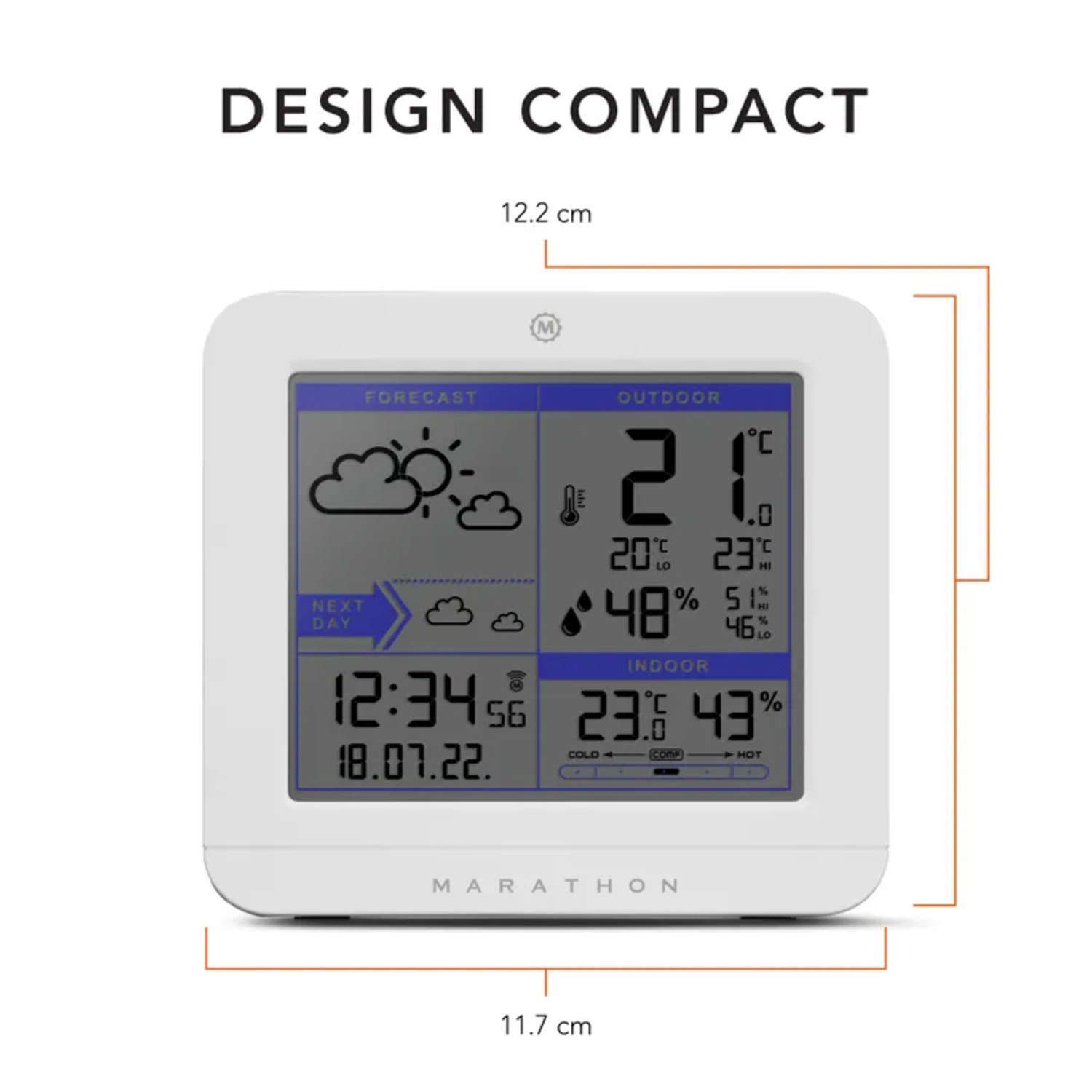 A white weather station showing the forecast, outdoor and indoor temperatures, and time. It displays the Marathon logo.