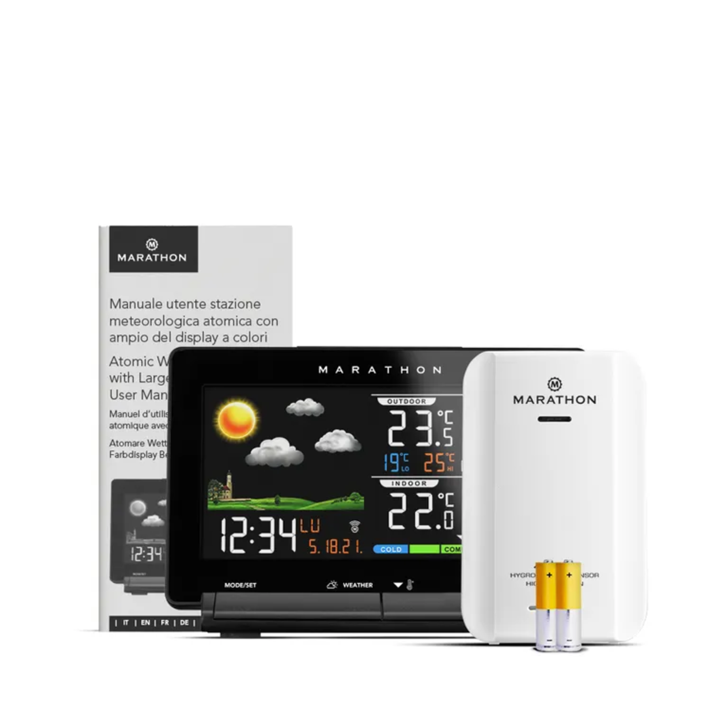 A weather station set with a display, a transmitter, and a user manual.