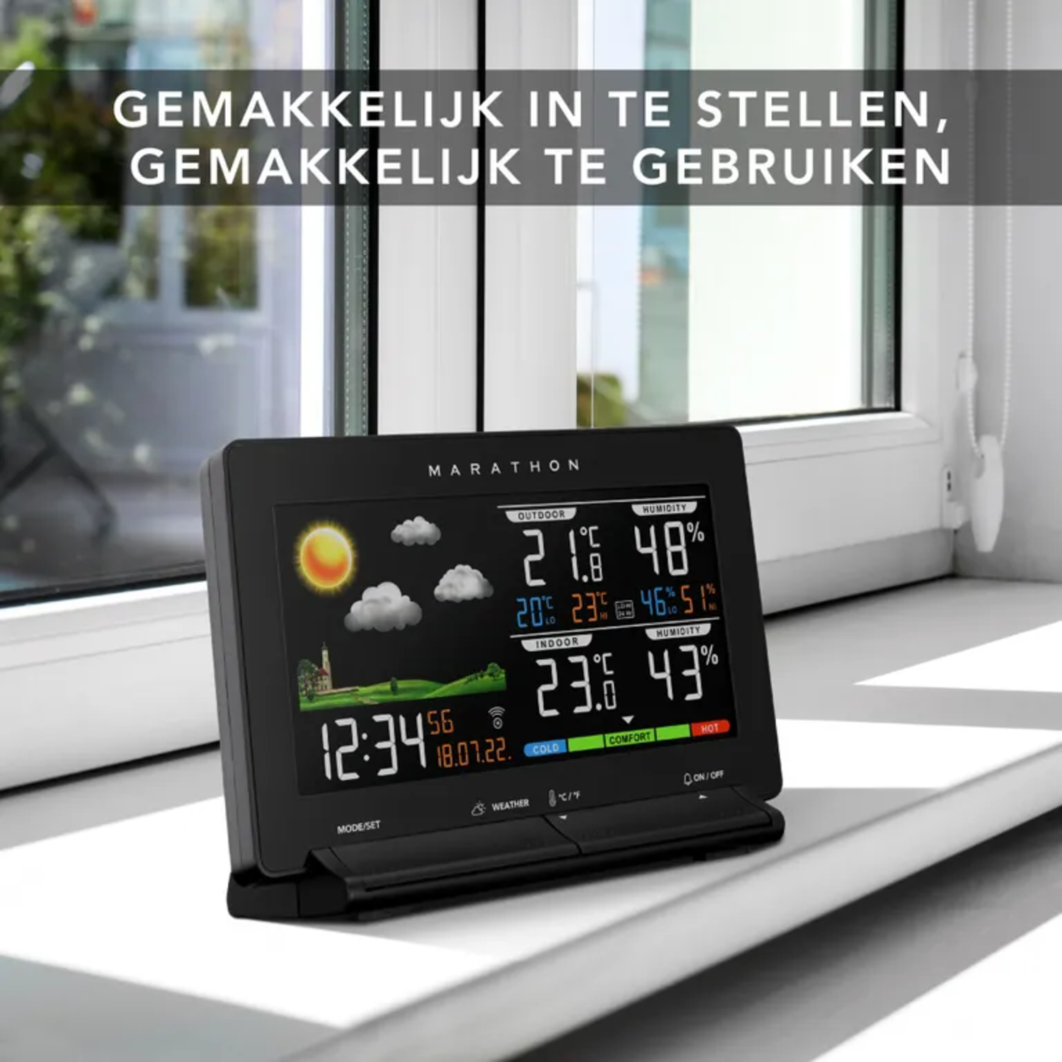 A weather station displaying outdoor and indoor temperature and humidity, with time and date visible.