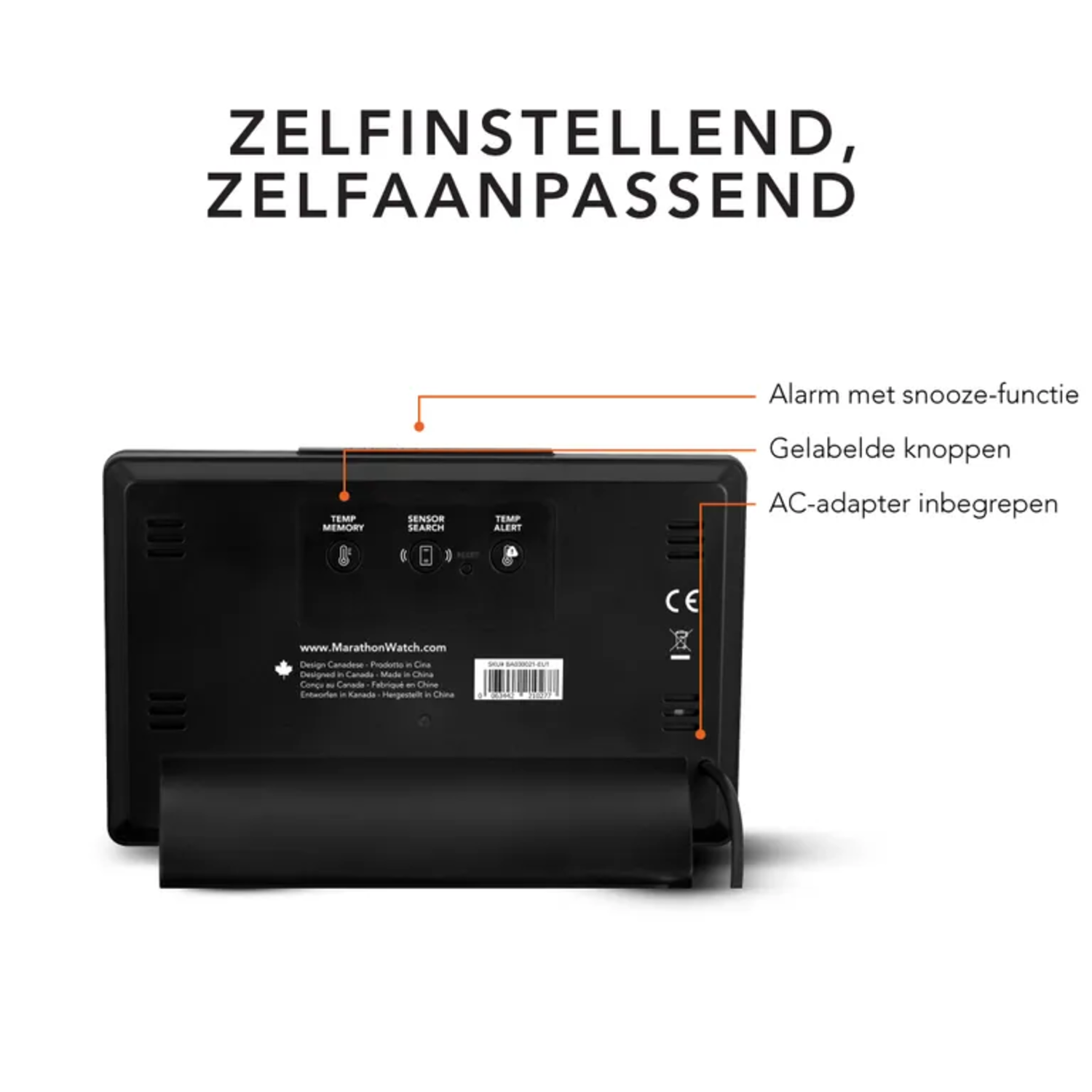 Back of a digital clock with text in Dutch. It has a stand.