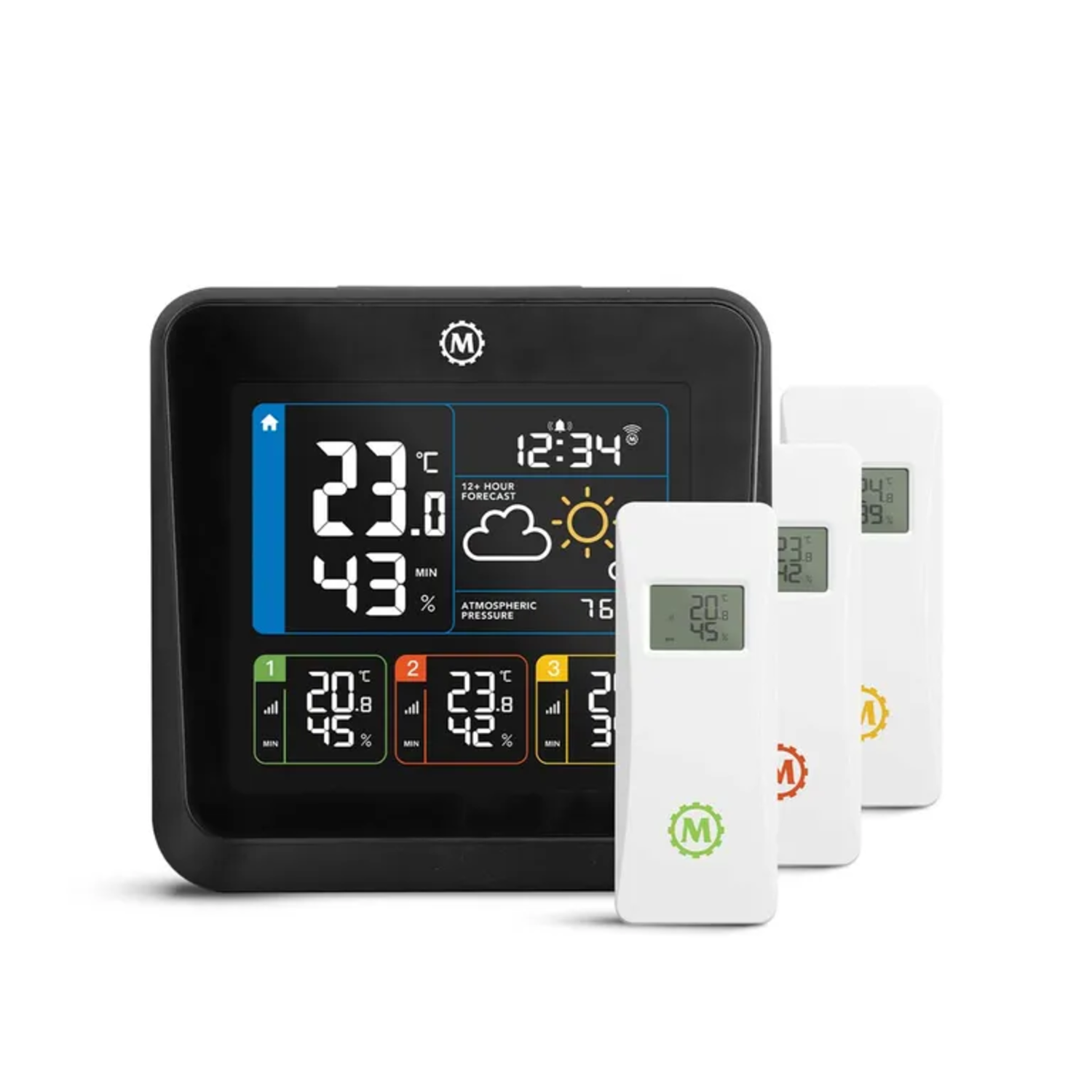 Black weather station with three white remote sensors, white background.