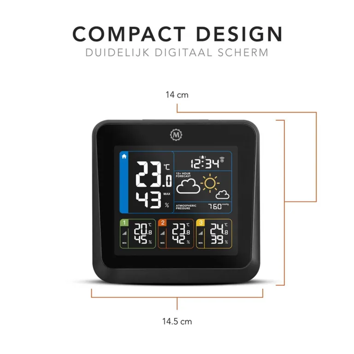 A black digital weather station displays temperature, humidity, and time.