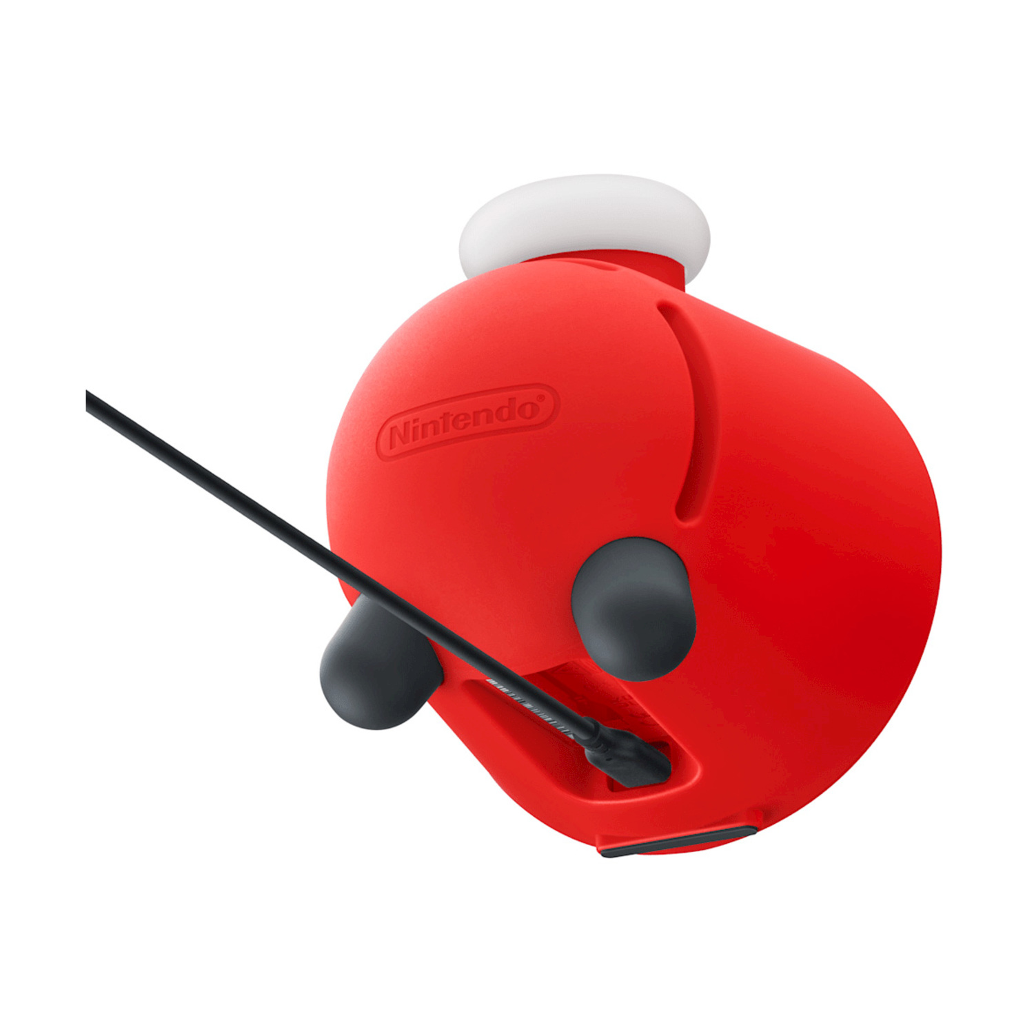 Dispositivo Nintendo rosso e arrotondato con cavo nero e parte superiore bianca. È su sfondo bianco.