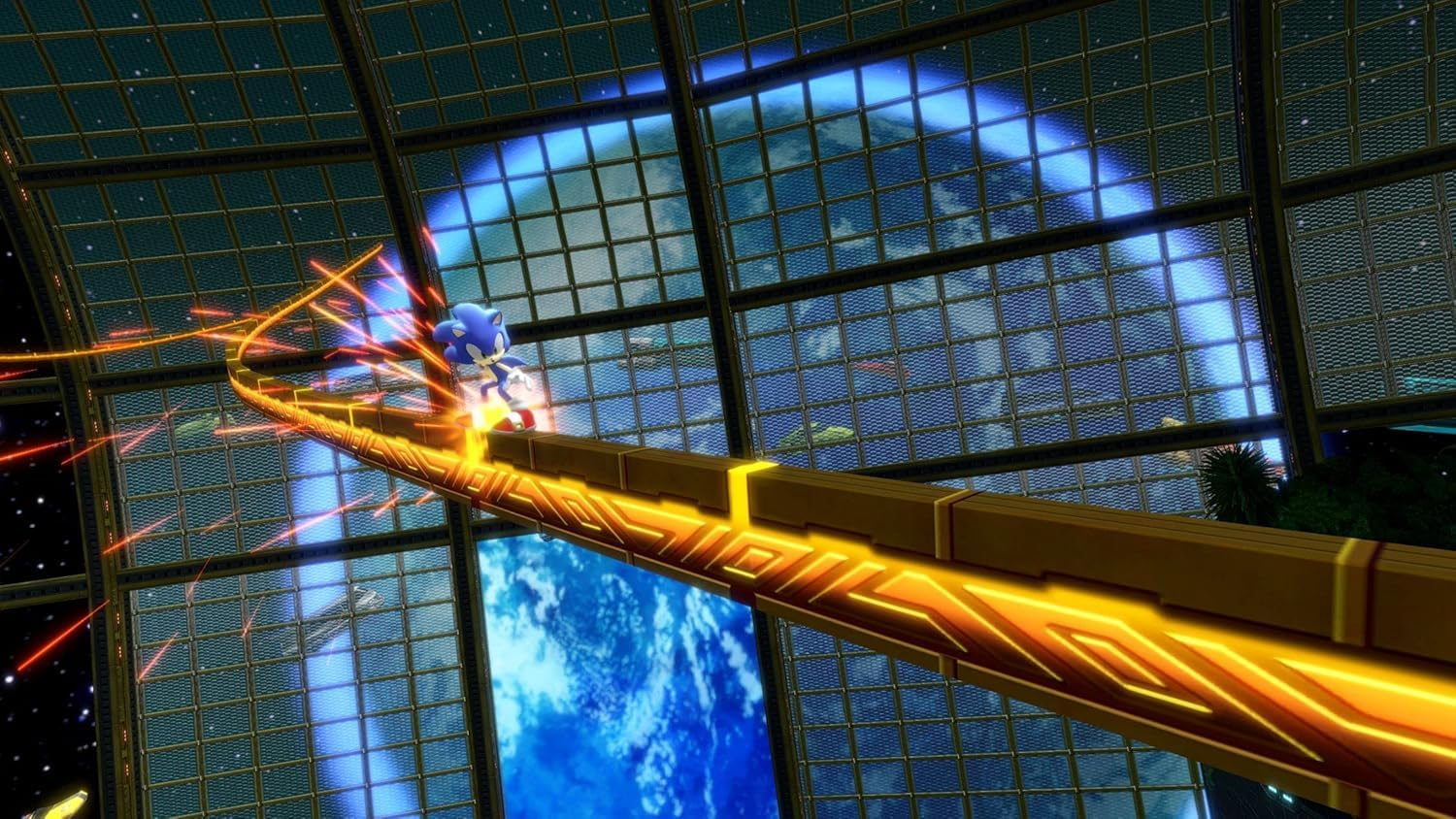 Sonic the Hedgehog rennt auf einer goldenen Strecke vor einem blauen, erdähnlichen Hintergrund mit einer gitterartigen Struktur.