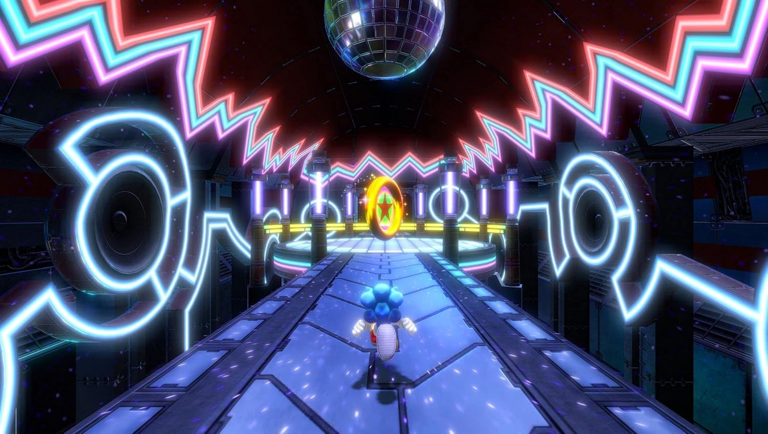 Spielszene mit einem Charakter, der auf einer neonbeleuchteten Strecke mit einer Discokugel im Hintergrund rennt.