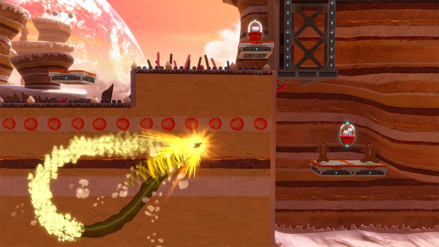 Sonic the Hedgehog auf einem Level mit gelber Spur, vor einem Hintergrund aus geschichteten, kuchenartigen Strukturen und einem roten Planeten.