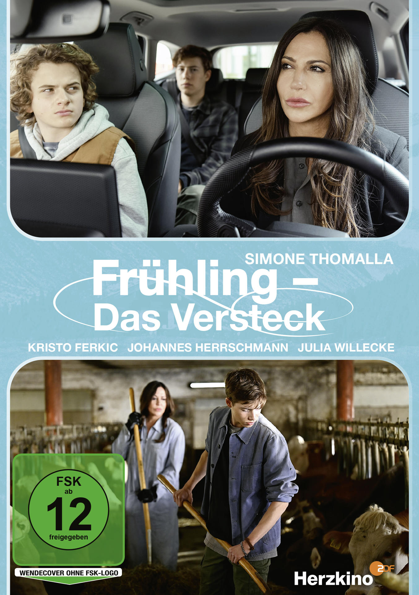 Filmposter mit einer Frau im Auto und zwei Personen in einem Stall. Text: 'Frühling - Das Versteck'.