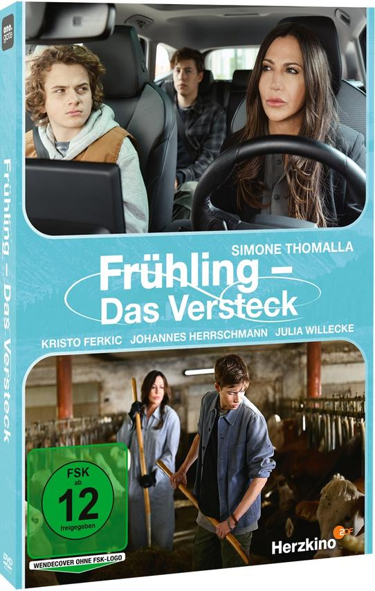DVD-Cover des Films "Frühling - Das Versteck" mit Schauspielern und einer Szene in einem Auto.