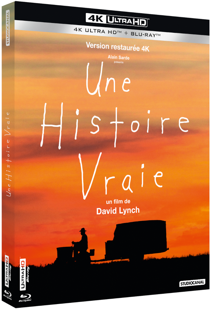 DVD-hoes voor 'Une Histoire Vraie'. Zonsondergang achtergrond, silhouet van een persoon, Franse tekst.