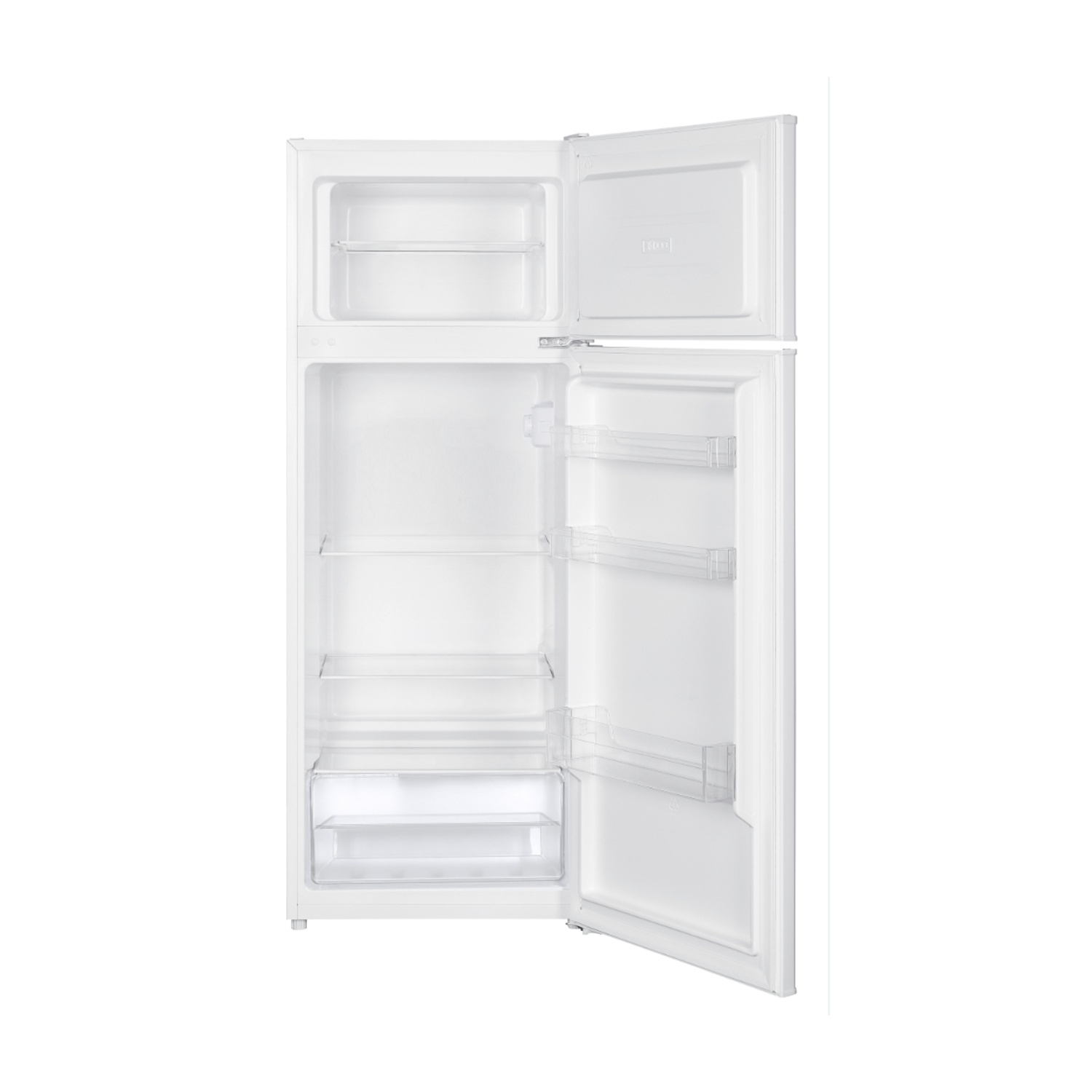 Frigorifero bianco e vuoto con due porte aperte. Ripiani e un cassetto visibili.