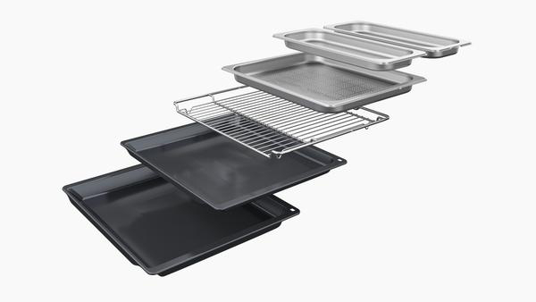 Verschiedene Ofenteile aus Metall: Bleche, ein Drahtgestell und ein Grill. Alle werden auf weißem Hintergrund angezeigt.