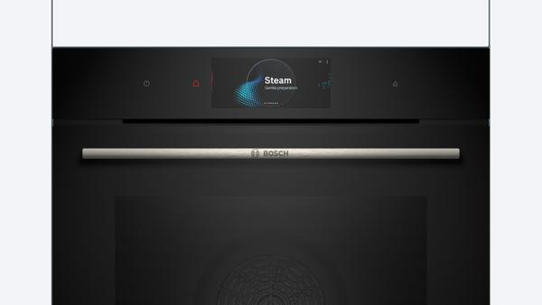 Schwarzes Backofen-Bedienfeld mit Touchscreen-Display mit der Anzeige 'Steam'. Ein silberfarbener Griff darunter.