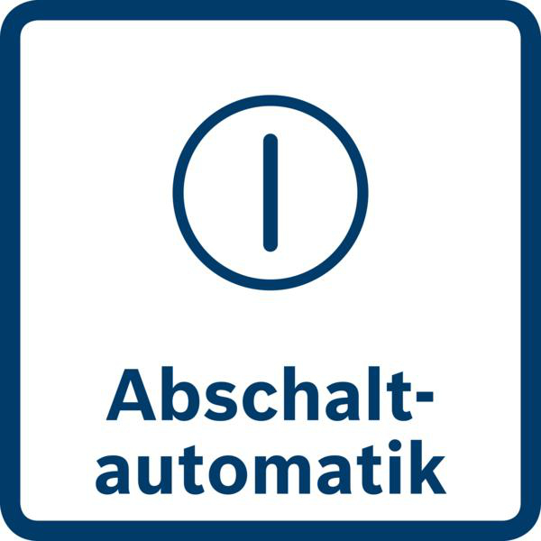 Eine Nahaufnahme eines weißen und blauen Quadrats mit einem Ein/Aus-Symbol und Text.