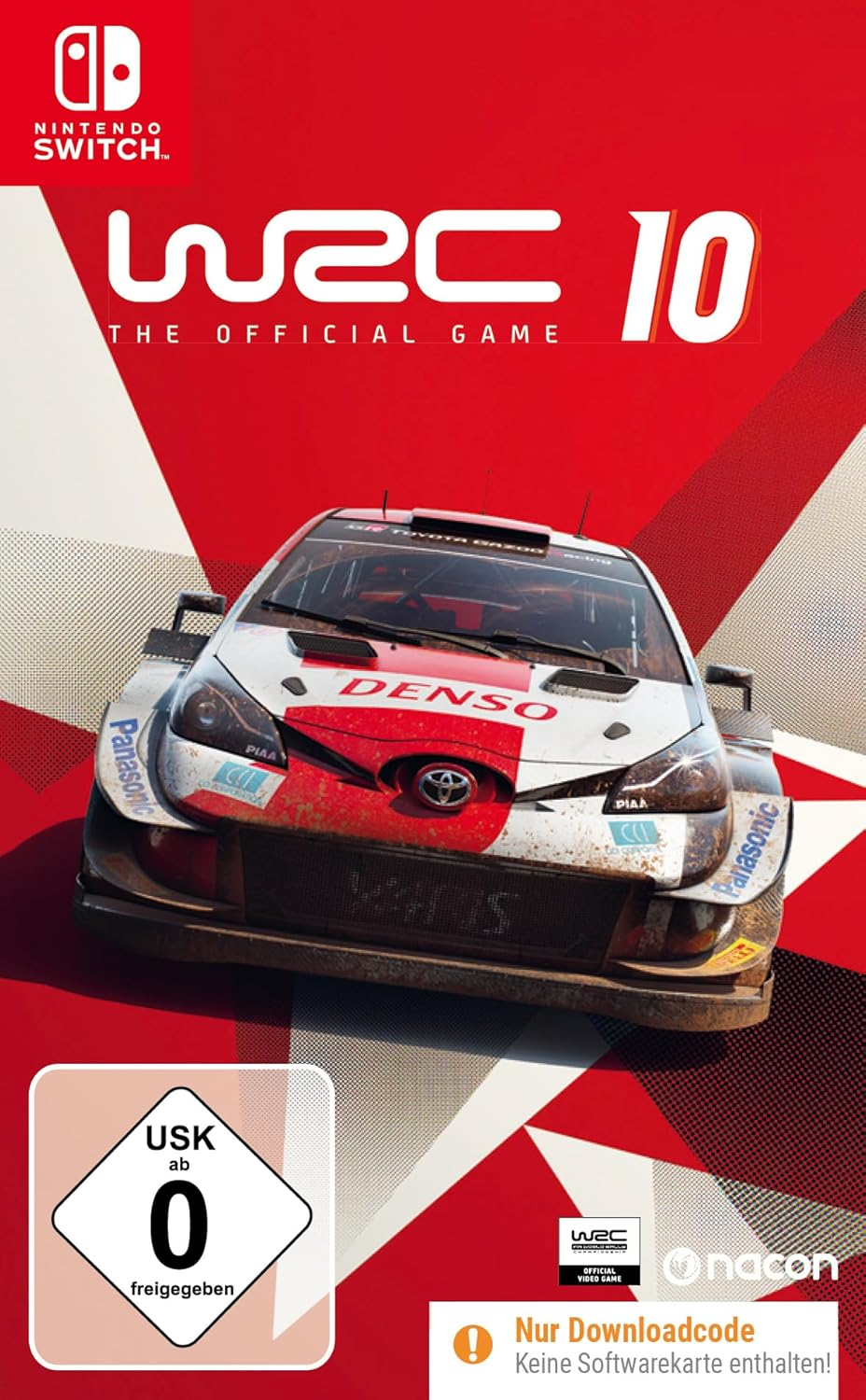 WRC 10 Videospiel-Cover. Ein Rallye-Auto auf rotem und weißem Hintergrund, Nintendo Switch Logo.