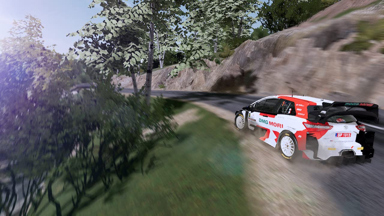 Ein Rallye-Auto fährt auf einer kurvenreichen Straße durch einen Wald. Das Auto ist weiß und rot.