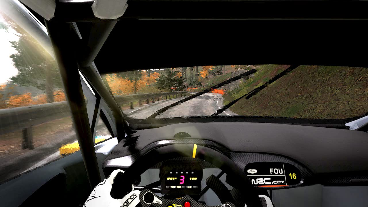 Ego-Perspektive in einem Rallyeauto, das auf einer kurvenreichen Straße durch einen Wald fährt.