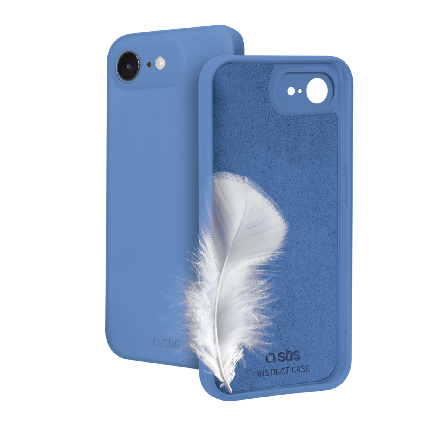Coque de téléphone bleue avec une plume blanche sur fond noir.
