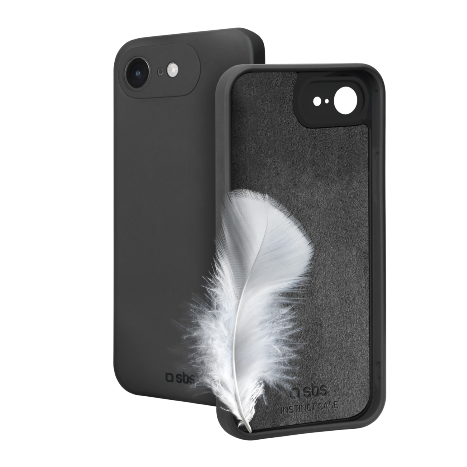 Deux coques de téléphone noires. Une ouverte, avec une plume blanche à l'intérieur. 'sbs instinct case' imprimé.
