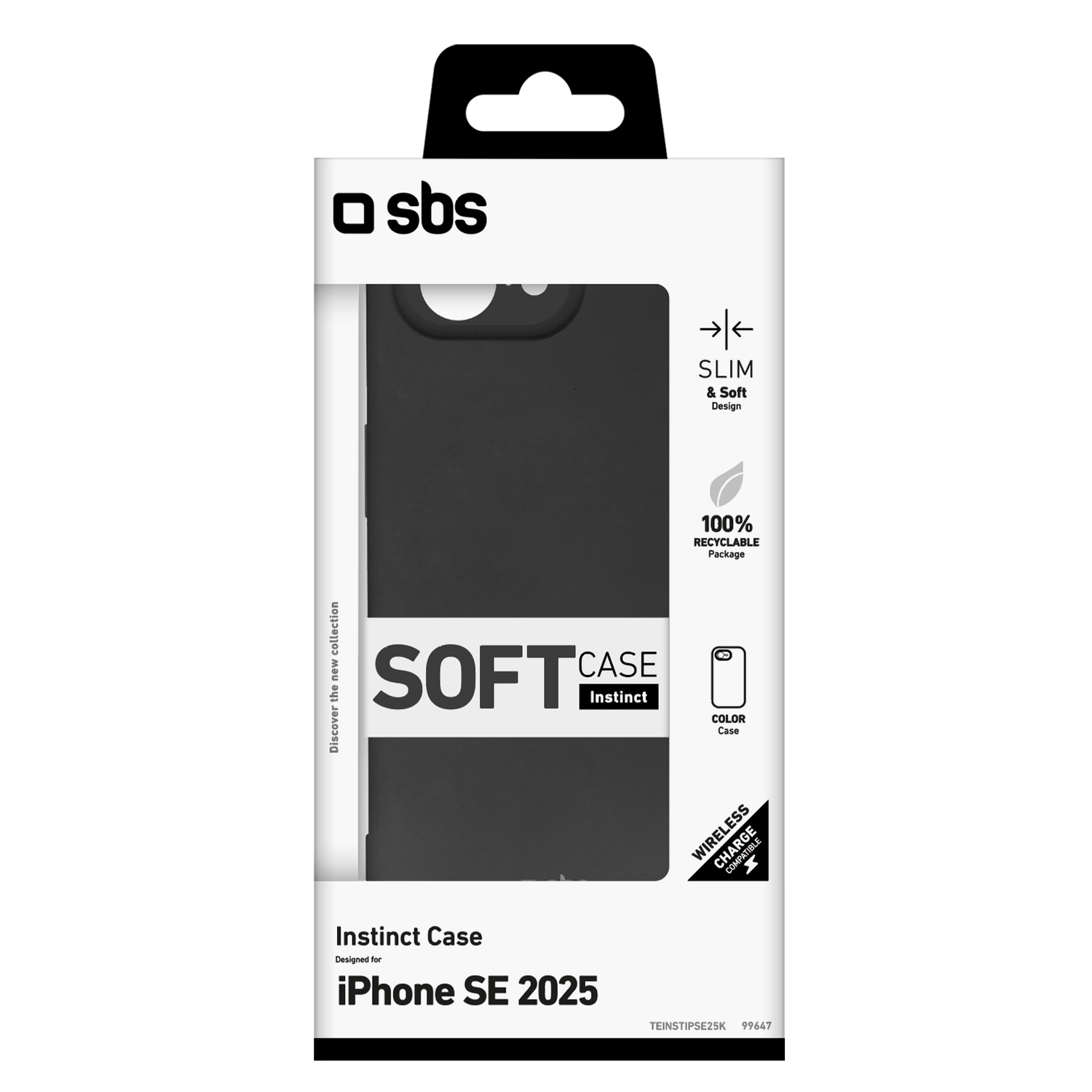Coque de téléphone noire dans son emballage, avec l'inscription 'SOFT CASE'.