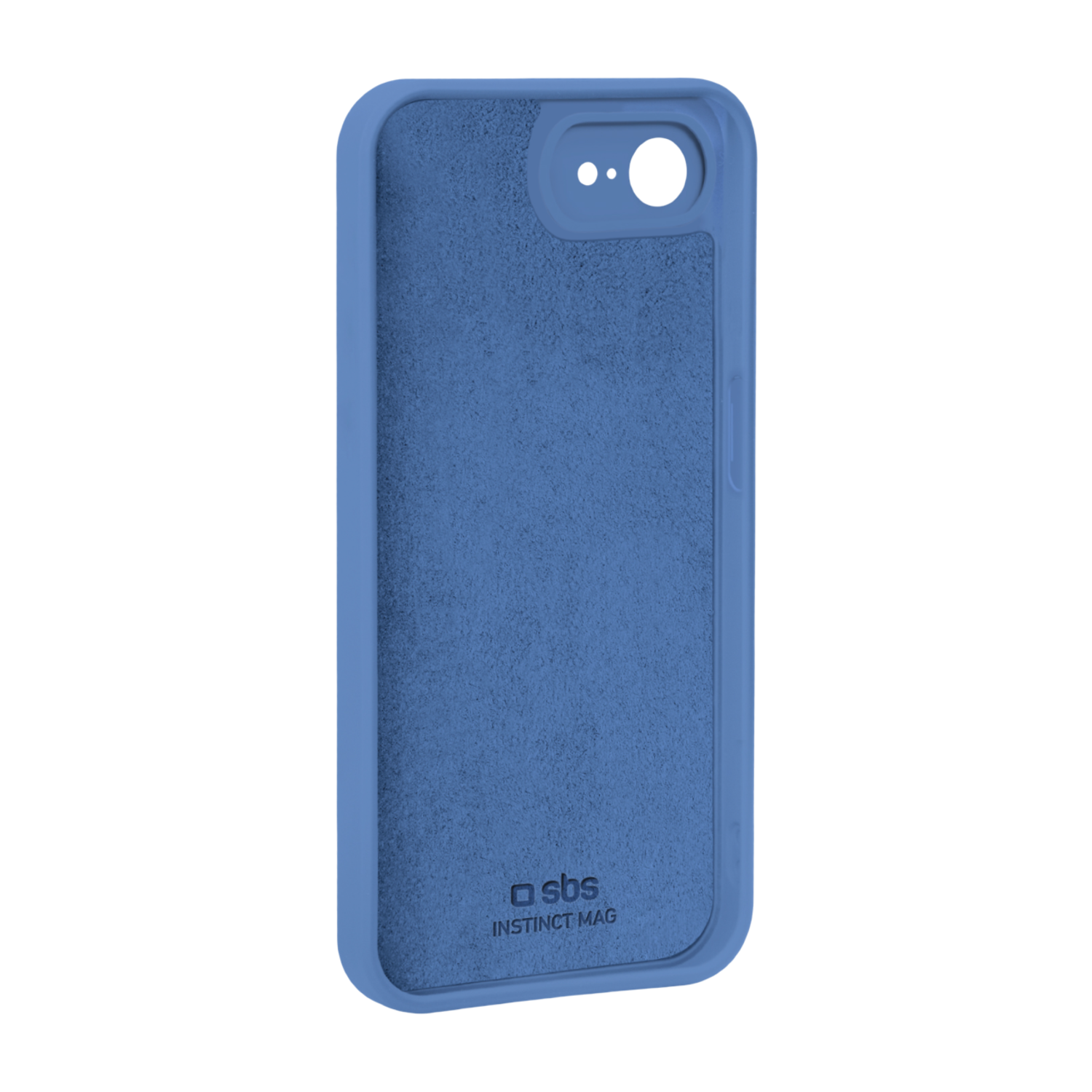Blauwe telefoonhoes binnenkant. Blauwe stoffen binnenkant met uitsparingen voor telefoon en camera.