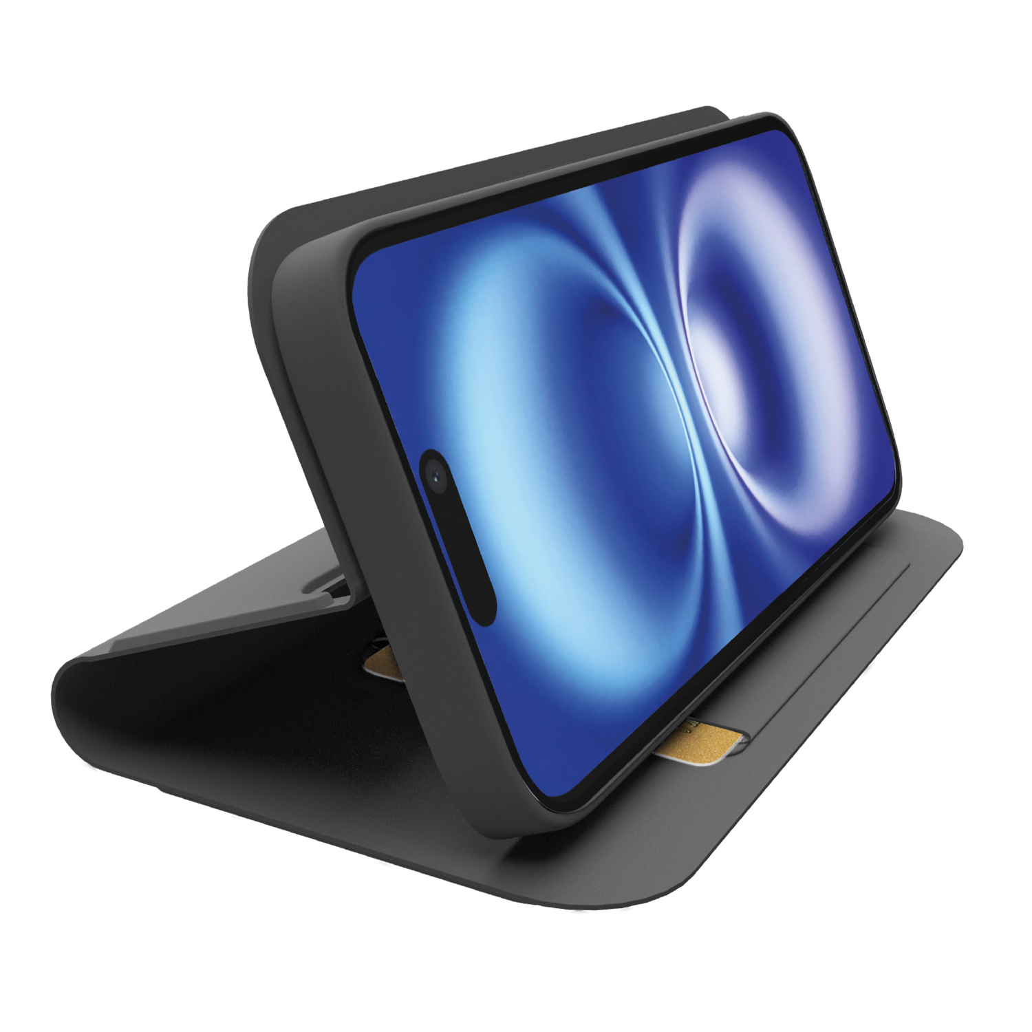 Zwarte smartphone hoes. De hoes bevat een telefoon met een blauwe achtergrondafbeelding, open op een tafel.