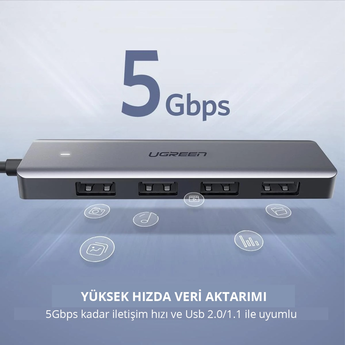 4 bağlantı noktalı gümüş renkli USB hub'ı. '5 Gbps' metni ve simgeler mevcut.