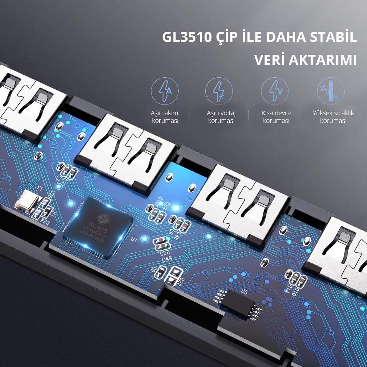 USB portları ve GL3510 etiketli bir çip ile bir devre kartının yakın çekimi.