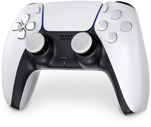 Biały kontroler Playstation 5 z czarnym środkiem i przyciskami.
