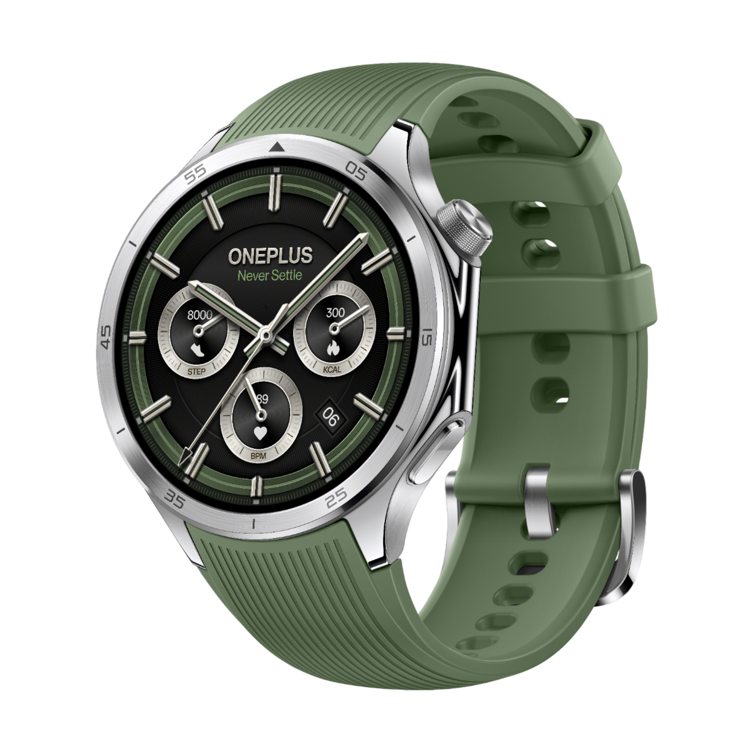 OnePlus smartwatch met een groene band en een zwarte wijzerplaat. Toont stappen en hartslag.