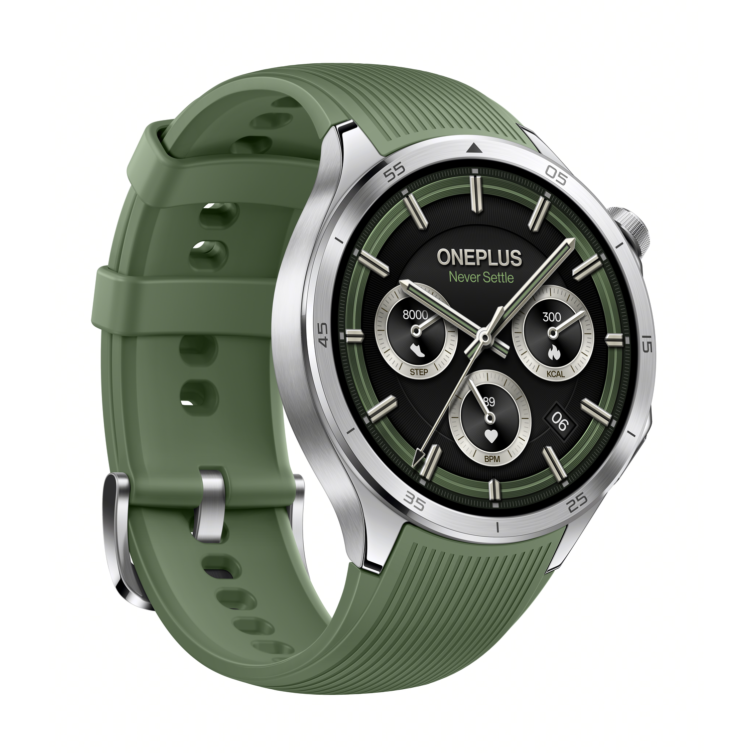 Een groene OnePlus smartwatch met zwarte wijzerplaat en groene band, toont tijd en statistieken.