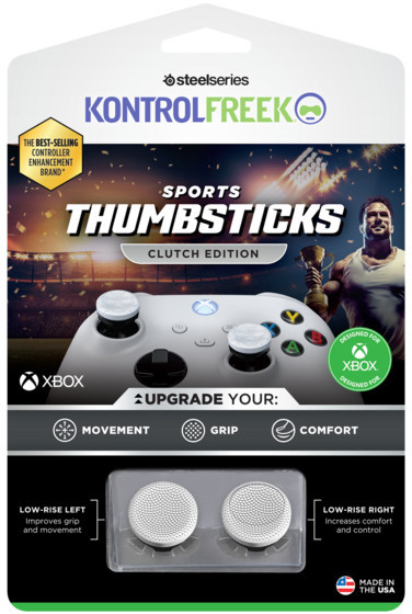 Opakowanie KontrolFreek thumbsticks do kontrolera Xbox, pokazujące sticki i kontroler.
