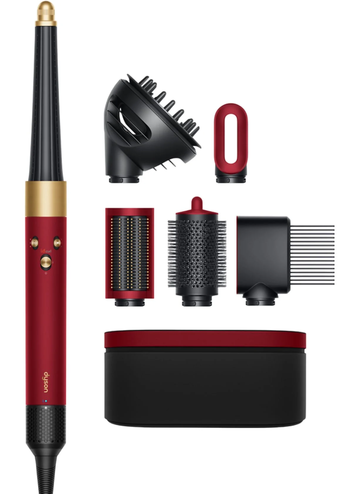 Czerwona prostownica Dyson z wieloma nasadkami i czarnym etui.