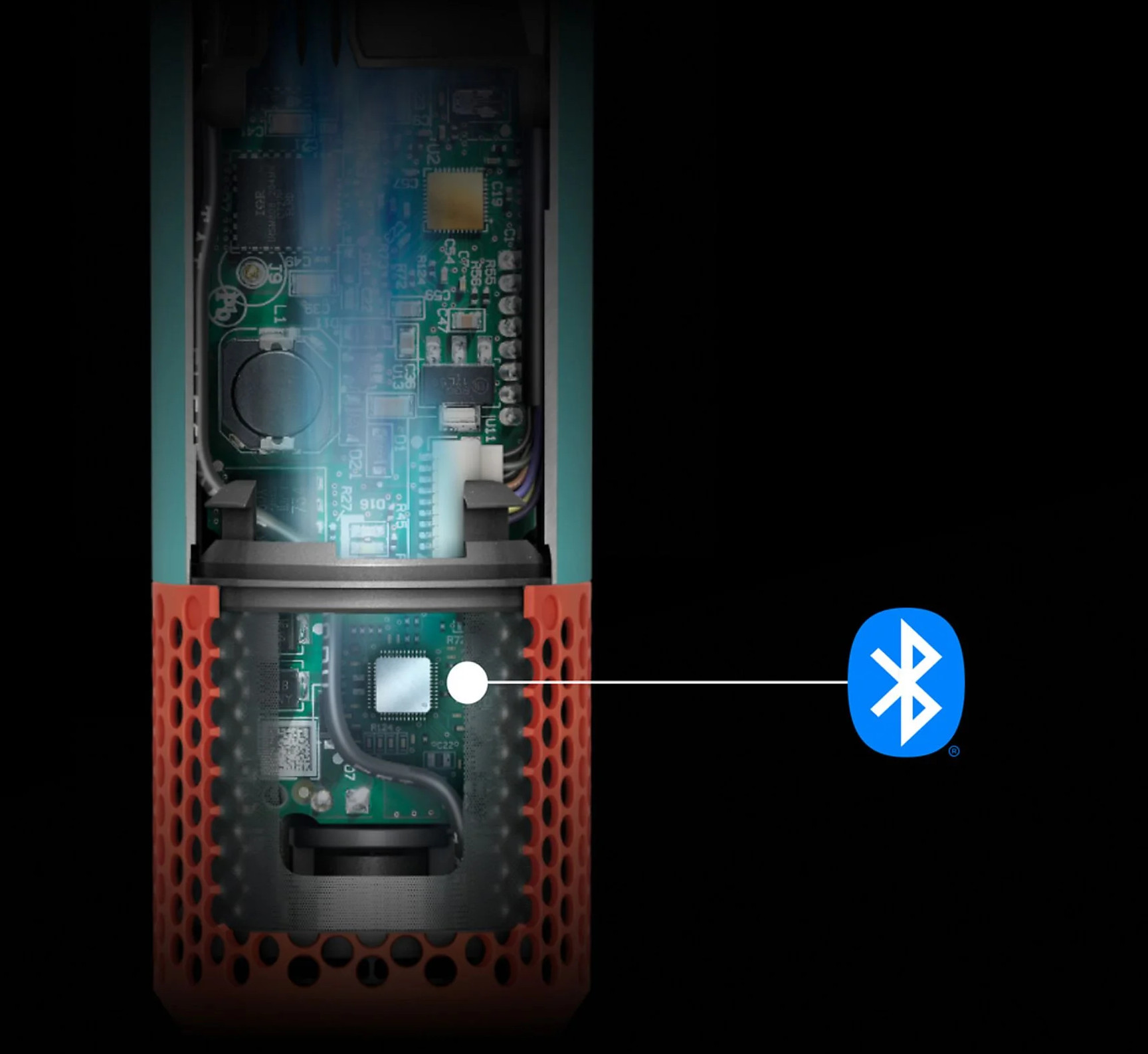 Widok wnętrza urządzenia z płytkami drukowanymi i symbolem Bluetooth.