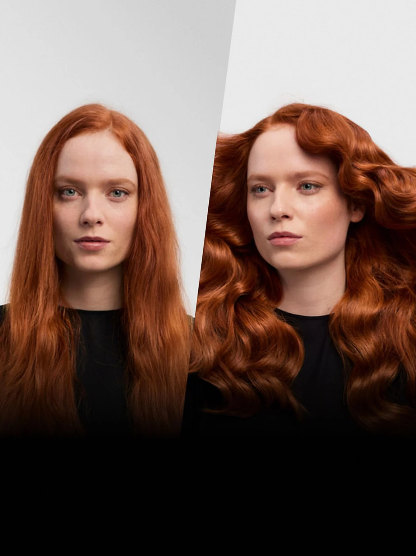 Porównanie kobiety z prostymi rudymi włosami po lewej i bujnymi rudymi włosami po prawej.
