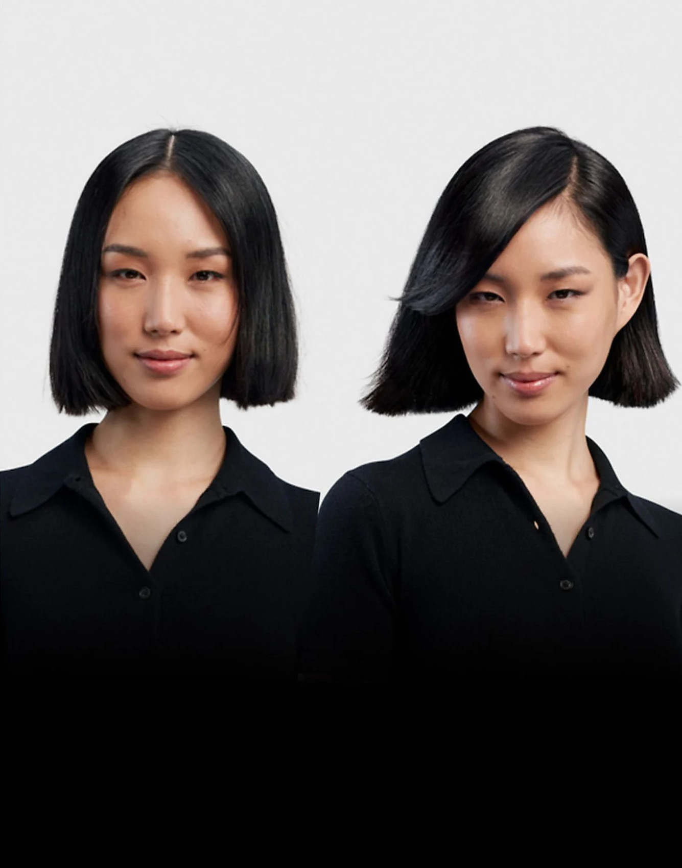 Dwie Azjatki z czarnymi włosami i czarnymi koszulami na białym tle.