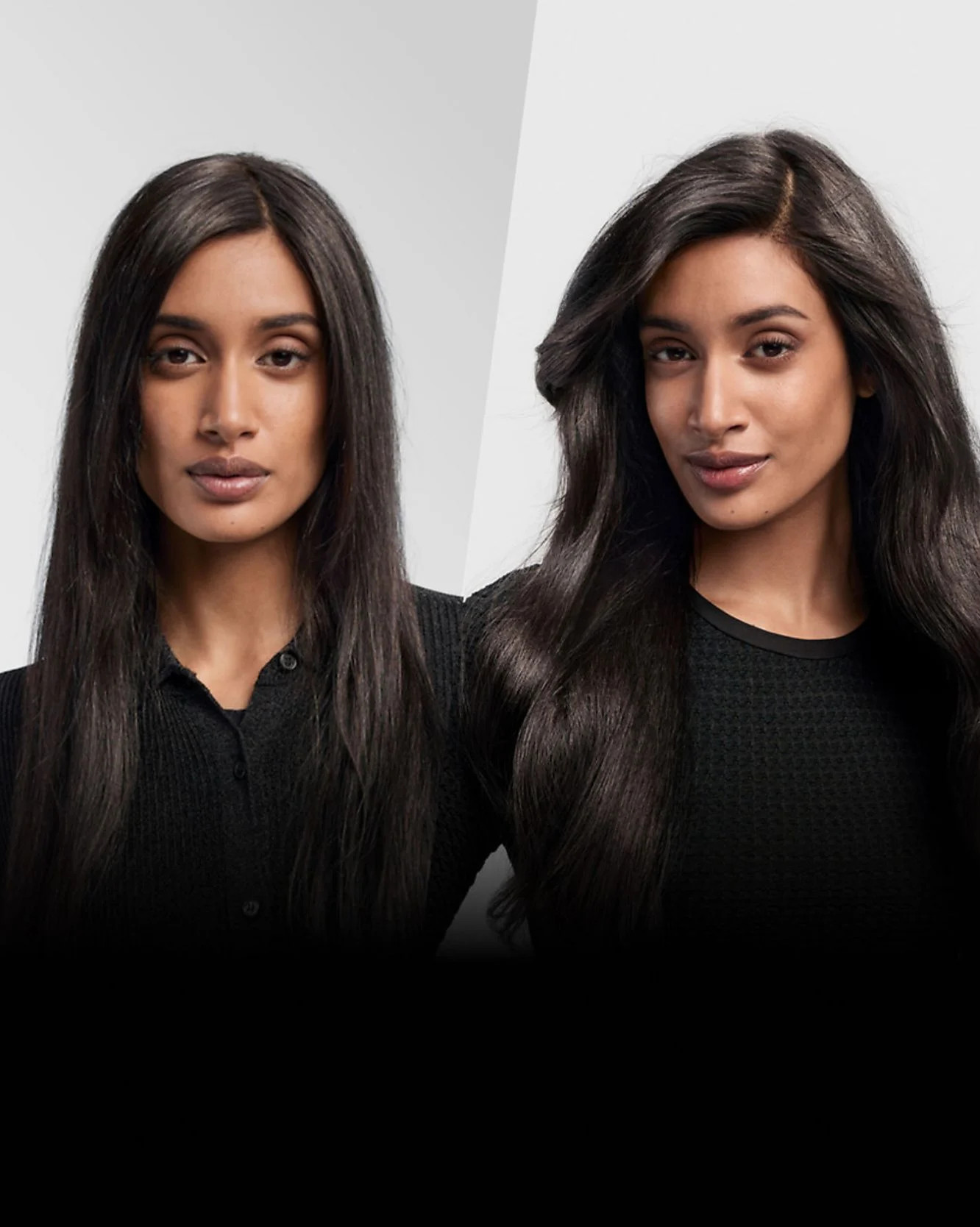 Dwa zdjęcia kobiety z długimi, ciemnymi włosami; jedno proste, drugie faliste.